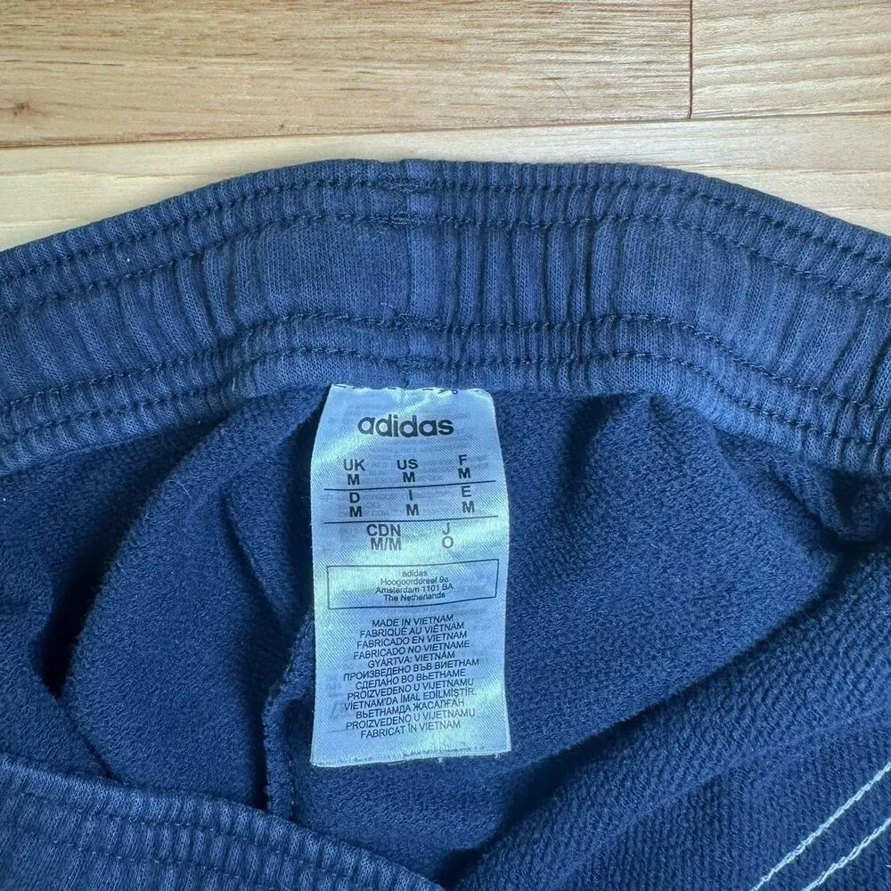 Adidas Mens Pants Joggers Medium Blue White Sweats Spell Out Cuffed 3 Stripe Gym